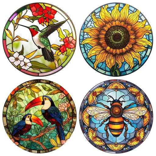 4 Pieces Stained Glass Window Clings Anti-Collision Bird Sunflower Bee Window Clings Decals Removable Non Adhesive Vinyl