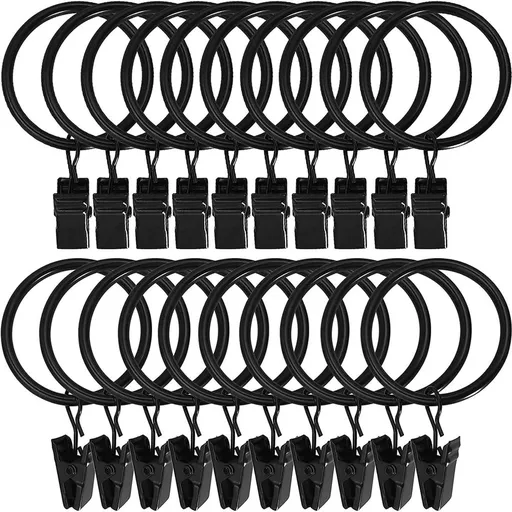30 Pack Curtain Rings with Clips, Heavy Duty Drapery Clip,Tension Rods Hooks, Polish Black Curtain Hooks Hangers