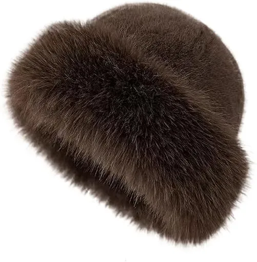 Fluffy Faux Fur Winter Hat - Soft Plush Warm Cold Weather Accessory - Brown