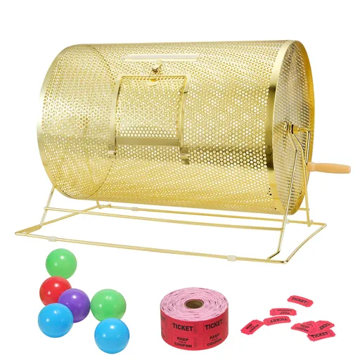 Raffle Drum, 14.8 x Ø21.26 inch Brass Plated Raffle Ticket Spinning Cage, Holds 10000 Tickets or 300 Ping Pong Balls, Metal Lottery Spinning Drawing with Wooden Turning Handle, for Bingo Ballot