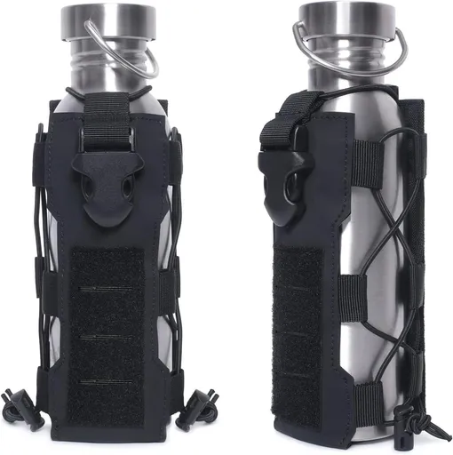 Black Adjustable Tactical Water Bottle Pouch - Multi-Functional MOLLE Compatible Accessory Bag for Hiking & Outdoor Survival