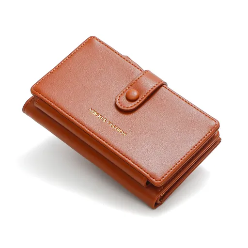 Light Brown Compact Bifold Wallet for Women - High Capacity PU Leather Purse with Zipper Coin Pocket