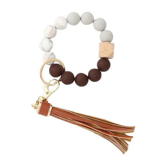 Ring, Hangs ! Silicone Key Ring Bracelet, Women Beaded Bangle Keychain Wristlet Leather Tassel F A