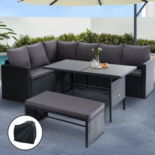 Gardeon Outdoor Dining Set Sofa Lounge Setting Chairs Table Bench Black Cover
