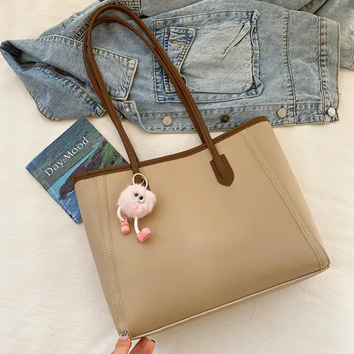 Khaki and Brown Chic Large Capacity Tote Bag - PU Leather Commuter Shoulder Handbag for Women