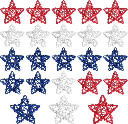 24 Pcs 4th o July Natural Rattan Stars Decoration 250th Anniversary Memorial Day Patriotic Red White Blue Wicker Rattan Stars or Vase Bowl iller Home DIY Crat Ornament Hanging Table Decor