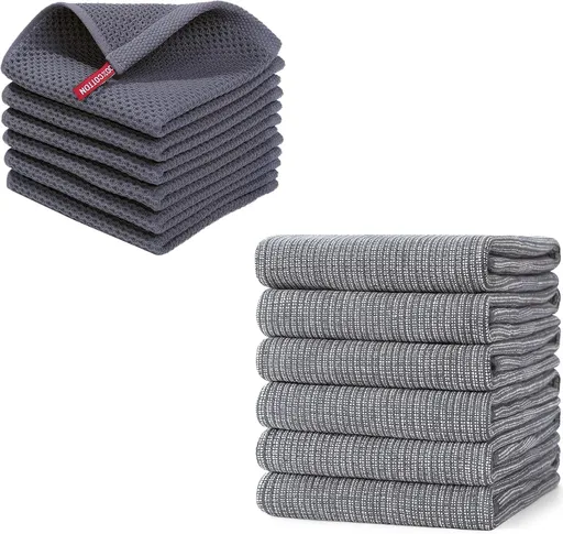 Homaxy 6-Pack Waffle Weave Kitchen Dish Cloths(12x12 Inches) and Flat and Terry Dish Towels(18”x 28”, 6 Pack), Large Cotton Kitchen Hand Towels