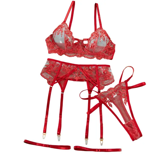 House Of Dasein Sexy Transparent Tempting Embroidered Bra And Garter Belt Four-Piece Set Womens Valentines Day Lingerie - Red - Xl