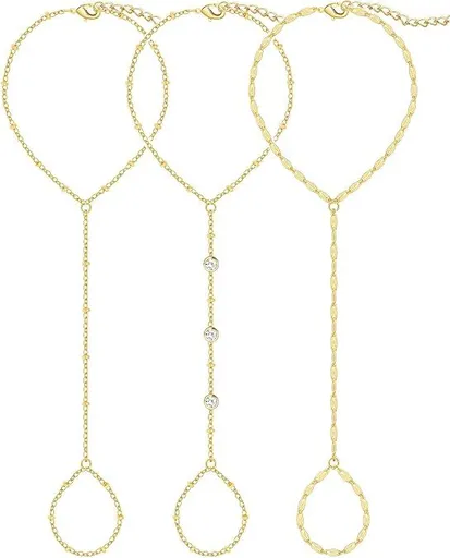 3PCS 14K Gold-Plated Hand Chain Bracelets for Women, Stack Bracelets Set Adjustable, Trendy Dainty Ring Bracelet Hand Chain