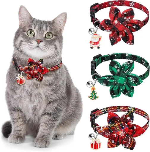 3 Pack Cat Collars, Christmas Flower Kitten Collars with Adjustable Breakaway Bow Tie Bell Plaid Snowflake Xmas Pet Supplies for Cats