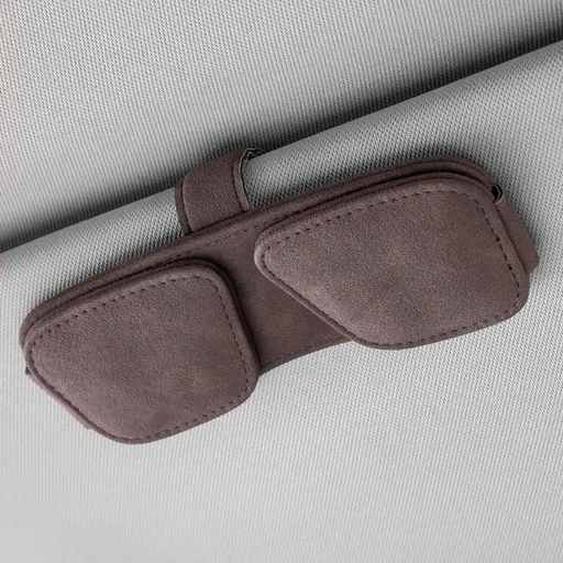 Brown Car Sun Visor Sunglasses Holder – Magnetic Dual Clip Organizer with Suede Finish, No-Drill Mounting for Glasses, Cards & Tickets