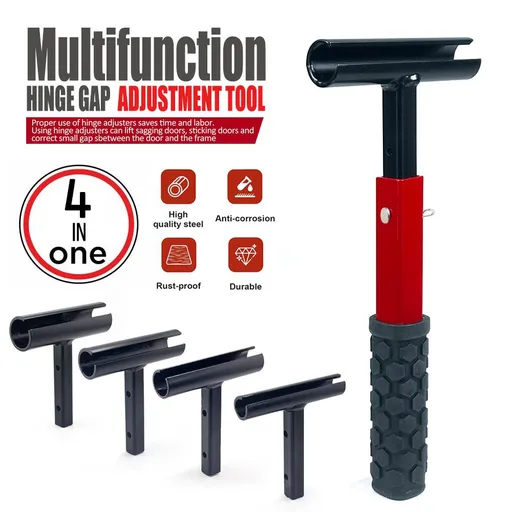 Four-in-One Hinge Gap Adjustment Tool with Interchangeable T-Type Heads for Aligning Door Hinges, Correcting Sagging Doors, and Fixing Misaligned Locks in Commercial and Industrial Door Systems (Black)