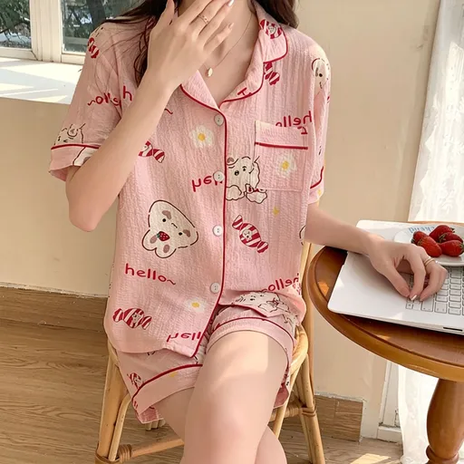 English Bunny Head Size L | Bubble Crinkle Short-Sleeve Shorts Pajama Set | Christmas Retro Bunny Gift | Tummy-Covering Vintage Loose Women's Homewear
