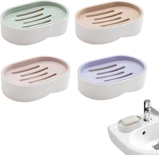 Soap Dish - 4 Pieces - Soap Holder With Drain And Lid - Soap Holders - Small Soap Dish - Hand Soap - Bathroom Accessories - Shower/Bathroom/Kitchen/Toilet/Travel - Travel Soap Box - Leakproof Soap Box - Plastic Soap Box - Soap Mat - Portable Bar Soap