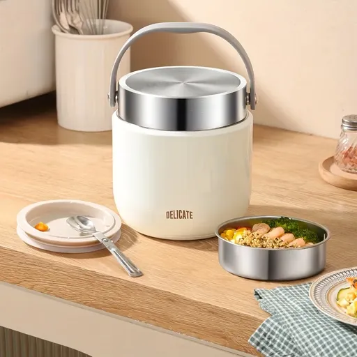 304 Stainless Steel Vacuum Insulated Lunch Box with Leak-Proof Lid – Portable Thermal Food Jar, 6-12H Heat Retention, Perfect for Office, School, Travel & Hot Pot/1.2L white+folding spoon