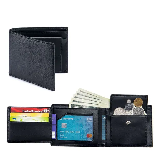 Leather Wallet with Coin Pocket Flip Up Window Blocking Slim Bifold Credit Card Front Pocket Wallet (Black)