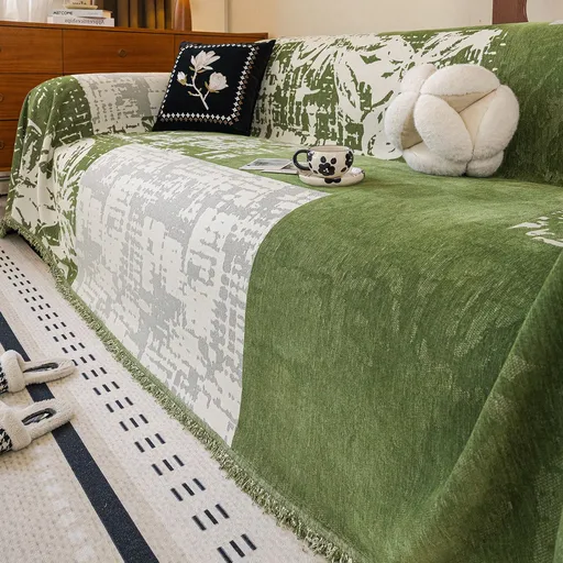 Vintage Jacquard Chenille One-Piece Sofa Cover Throw - Reversible Furniture Protector Decorative Blanket with Tassel Edging for All-Season Use, 180 X 340CM Patchwork Olive Green