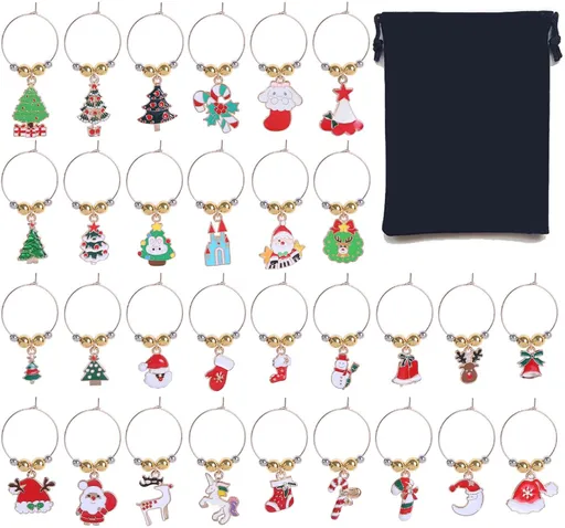 Christmas Wine Glass Charms 30-piece – Identification, holiday theme, drink markers