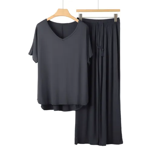 Iron GreyWomen's Modal Lounge Set Pink V Neck Short Sleeve Top and Wide Leg Pants, Lightweight Breathable Summer Sleepwear, Relaxed Homewear for 45-72.5 kg