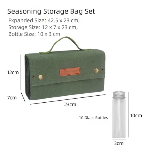 Green canvas spice storage box (9.1 x 4.7 x 2.8 inches) With 10 bottles