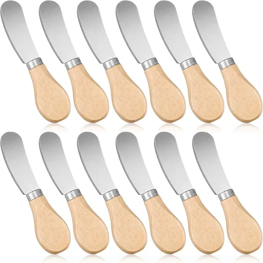 12 Pcs Cheese Spreader Knives Butter Knife Bulk Stainless Steel Butter Spreader Knives with Wooden Handle, Cheese Cake Condiment Knife Set for Sandwich, Cream, Charcuterie, Pastry, 4.7 Inch