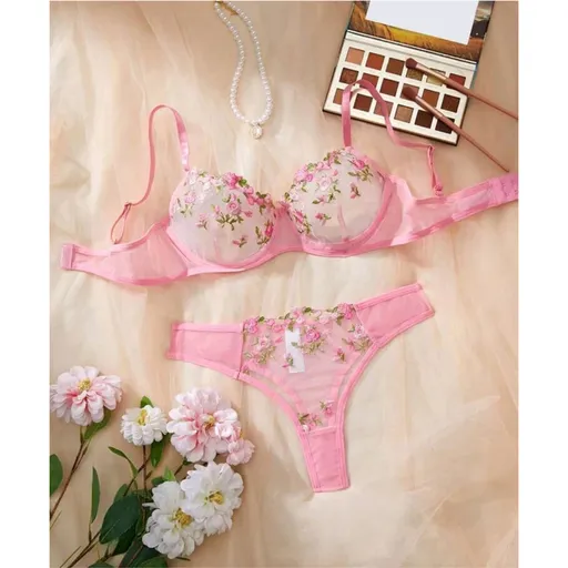 House Of Dasein Women's Intimates Sweet And Sexy Low Waist Floral Embroidery Mesh Transparent Lingerie Two-Piece Set - Pink - S