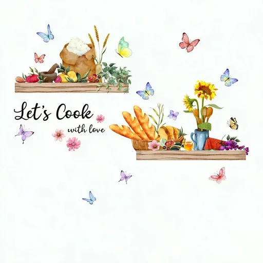 Kitchen Food Bread Wall Stickers Kitchenware Vegetables Fruits Flowers Butterflies Wall Decals Let's Cook with Love Quotes Peel