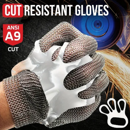 cut-resistant glove, stainless steel chainmail glove, industrial hand protection, adjustable safety glove, meat cutting glove, glass handling glove, Australia work wear, PPE hand safety - Silver - Size S-22CM