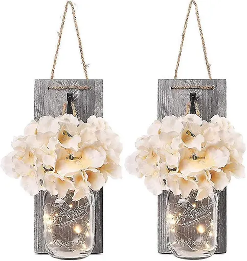 Rustic Mason Jar LED String Lights with Silk Hydrangea, Set of 2