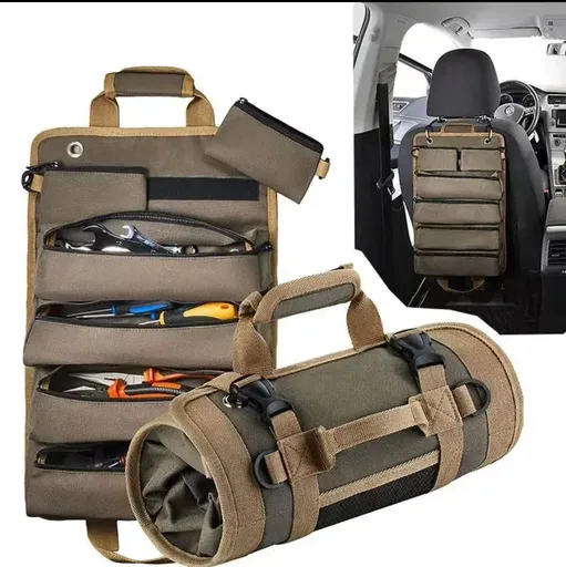 Roll Up Tool Bag Oxford Cloth, Waterproof & Heavy Duty Tool Organizer for Electricians & Carpenters, Portable Foldable Repair Pouch/coffee color