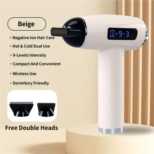 Beige Cordless Ionic Constant Heated Hair Dryer with LCD Display & 9 Wind Speeds - USB Rechargeable Hair Care Blow Dryer, Concentrator & Diffuser Included