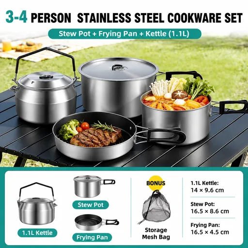 3-Piece Food Grade Stainless Steel Camping Cookware Set with 1.1L Kettle, Medium Stew Pot and Medium Frying Pan - Hangable and Foldable, Compact Nesting Storage, Anti Scald Wrapped Handle