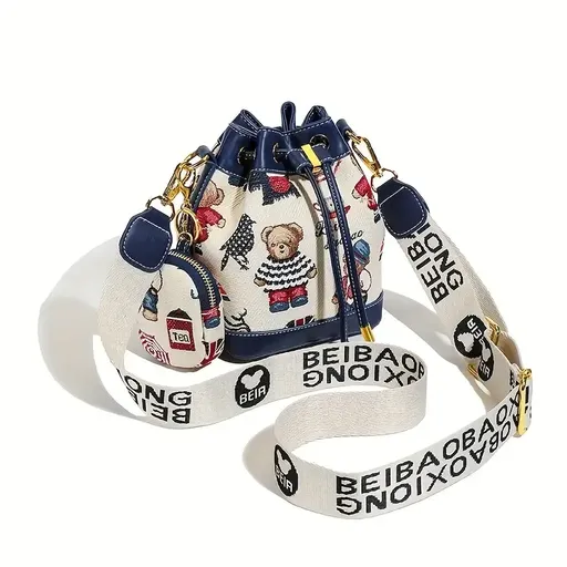 Adorable Animal Print Bucket Bag | Drawstring Design, Wide Adjustable Strap, Bear-Inspired Jacquard Pattern, Includes Matching Coin Pouch Accessory(blue)