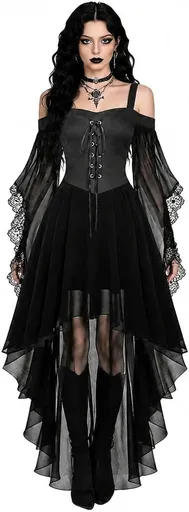 Women Witch Dress Halloween Costumes Vampire Woman Renaissance Medieval Butterfly Sleeve Mesh Gothic Dresses - Gray - Size S