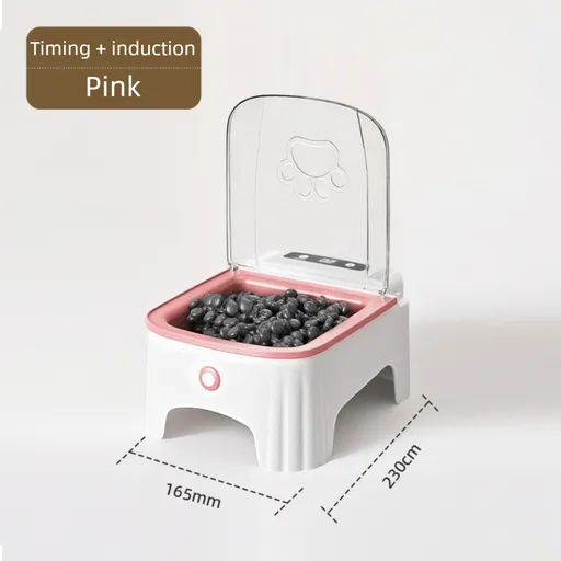 Pink and White Smart Infrared Motion Sensor Automatic Pet Feeder - 700ml Timed Auto Open Lid Food Bowl with LCD Screen & Rechargable Battery for Cats and Dogs