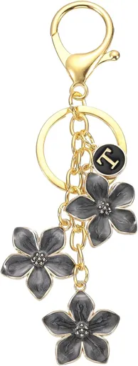 Initial Letter Flower Keychain, Alphabet Drip Oil Charm Cherry Blossom Keyring Keys for Birthdays Black -