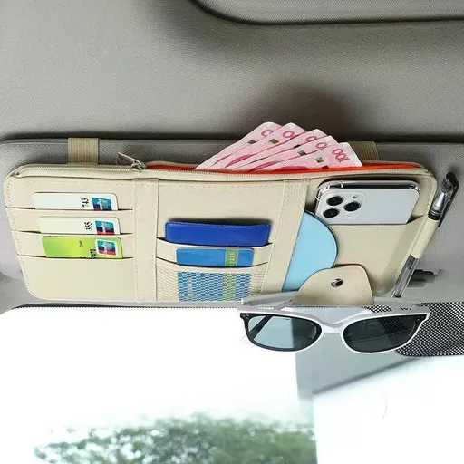 Beige Premium Leather Car Sun Visor Organizer - Secure Zippered Storage Pouch with Card, Document & Eyewear Clip