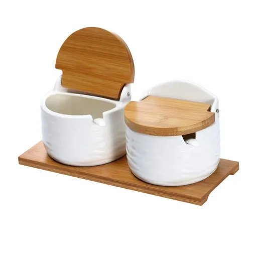 Ceramic Sugar Bowl with Lids and Spoons-Porcelain Condiment Container Spice Jar,Salt Cellar for Kitchen,with Chalkboard Labels