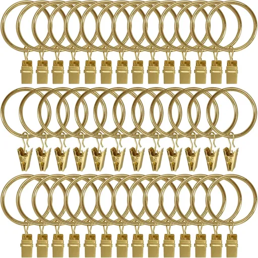 Metal Curtain Hooks with Clamps and Rings - 40 Pieces - Drapery Clip Hooks - Metal Curtain Rings - Decorative Curtain Rod Clips - Hooks - Shower Curtain Hanging Hooks with Clamp - Metal Curtain Rings with Clips - Gold