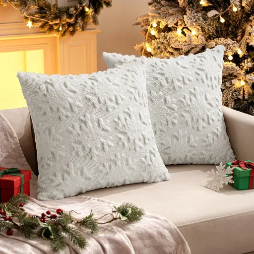 Christmas Snowflake Decorative Throw Pillow Covers Set of 2,Soft Fluffy Faux Wool Winter Holiday Couch Pillows for Farmhouse Boho Home Decor Sofa Bed Porch Living Room 18x18 Inch Pure White