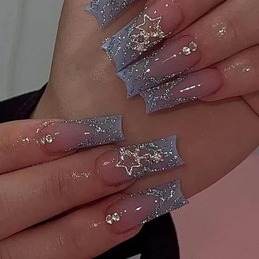 Press on Nails Long Square Fake Nails Glossy Glue on Nails Blue Acrylic Nails Squoval Bling Glitter Swirl Artificial Nails Star Rhinestone Stick on False Nails with Design 24 pcs 04407Blue