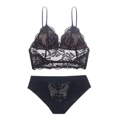 French Sexy Lace Underwear Thin Non Wired Triangle Cup Bra Shape Backless Set - Black - Xl