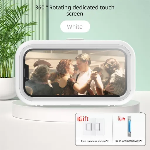 Waterproof Shower Phone Holder Wall Mount with Aromatherapy - 360° Rotating & Retractable Anti-Fog Case - Drill-Free Bathroom & Kitchen Mobile Stand - White