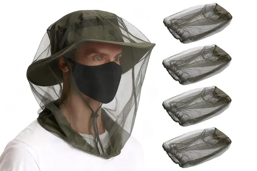 5Pcs Mosquito Head Net Bug Net Hat for Camping Hiking Fishing Gardening - Army Green
