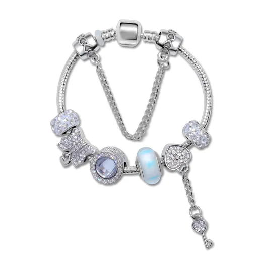 Rhinestone Cat's Eye Glass Bead Charm Bracelet - Heart Lock Pendant(18cm)