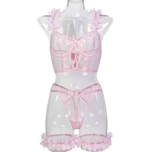 House Of Dasein Pink Petal Heart Embroidery Romantic Girl Design Sexy Underwear - Pink - S
