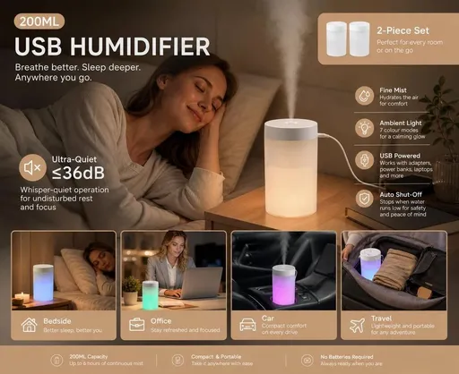 Mini USB Humidifier 200ML Auto Shut Off Ambient Light White 2 Pack