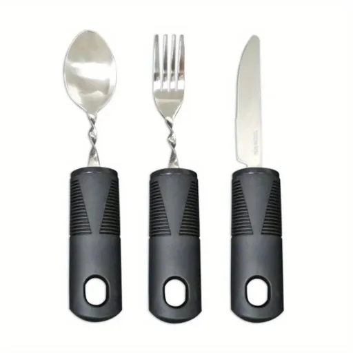 2/3pcs Bendable Tablewares for Hand Tremors, Portable, Anti-shake, Non-slip Silverware for Parkinsons Patients Arthritic Hands, Adaptive Eating Large Spoon Fork Knife Black Spoon & Fork & Knife