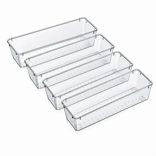 4 Pcs Vanity Drawer Organizer 9 x 3 x 2 Inches Clear Plastic Utensil Organizers Kitchen Drawers Dividers for Office Desk Silverware Kitchen Utensils Cosmetics and Bathrooms(Clear)