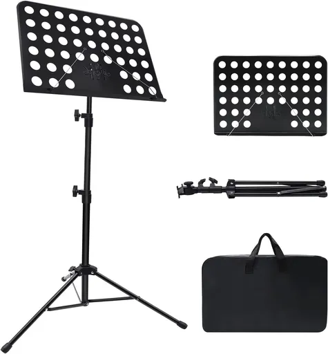 Sheet Music Stand with Carry Bag, Adjustable Folding Music Holder for Guitar, Ukulele, Violin, School Practice and Stage Use, Black